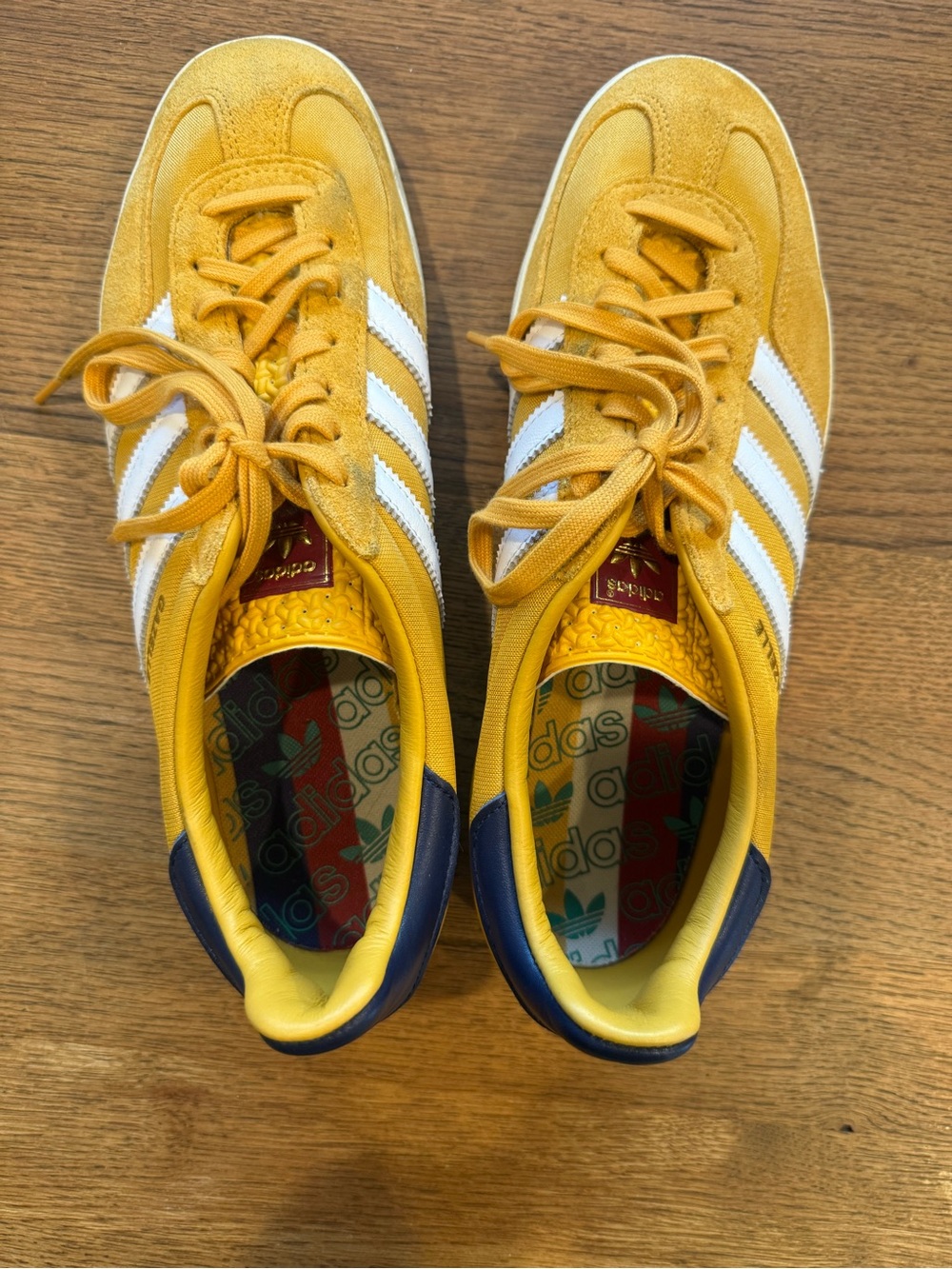 adidas Gazelle Men's Sneakers in Mustard Yellow with White Stripes and Navy Heel - Picture 8 of 12